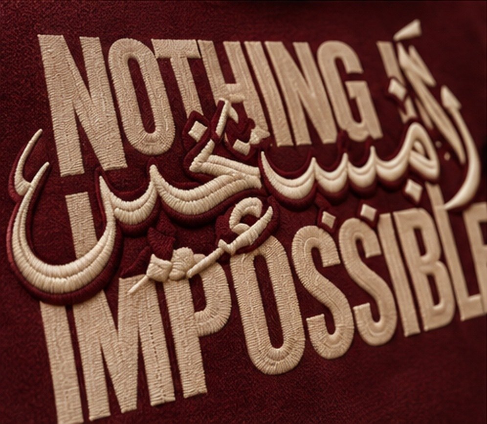 Hoodie MUSTAHIL Bordeaux, détail de la calligraphie